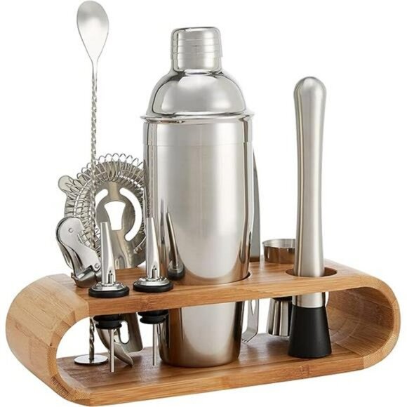 Stainless Steel Bar Tool Set 10 Piece with Cocktail Shaker Bamboo Stand - Picture 6 of 6